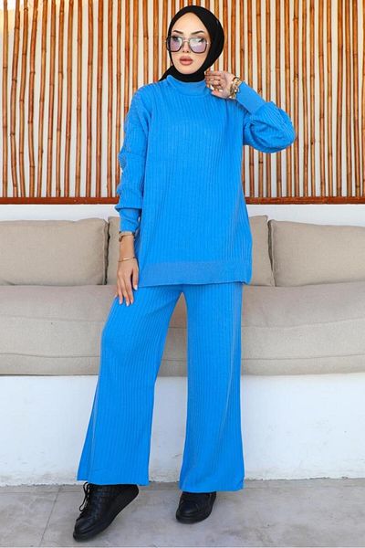 benguen 6118 Costum tricotaj cu cordon Albastru
