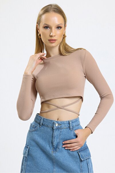 MD trend Γυναικεία μπισκότα Cross Tie Crew λαιμόκοψη μακρυμάνικη μπλούζα με ραβδώσεις