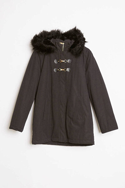 Robin ROBİN Kadın Kapüşonu Tüylü Kürklü Gabardin Kumaş Kaban