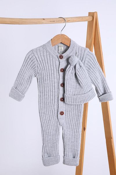 Babyhola 100% Thick Knitwear Girl Boy Baby Kids Winter Beret Jumpsuit Set 5714