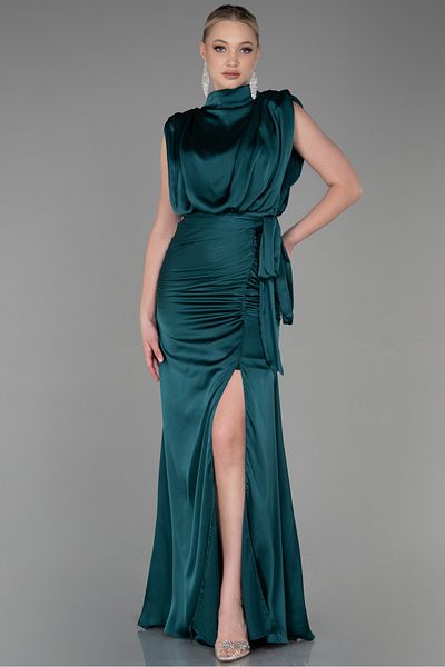 Abiyefon Emerald Green Stand Collar Sleeveless Long Satin Evening Dress Abu2133