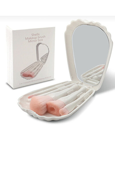 rimella Aynalı inci kutulu 5’li makyaj fırça seti seyahat tipi beyaz