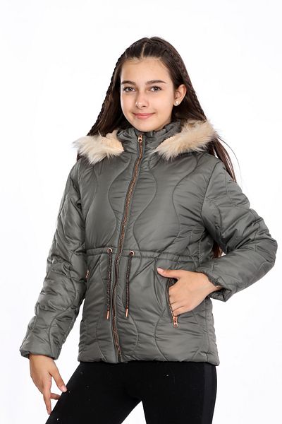 VODENS Girl's Thick Fur Water Repellent Khaki Coat with Fleece Inner