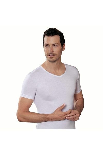 Şahinler Men's Short Sleeve V-Neck Lycra Single Jersey Undershirt White ME072
