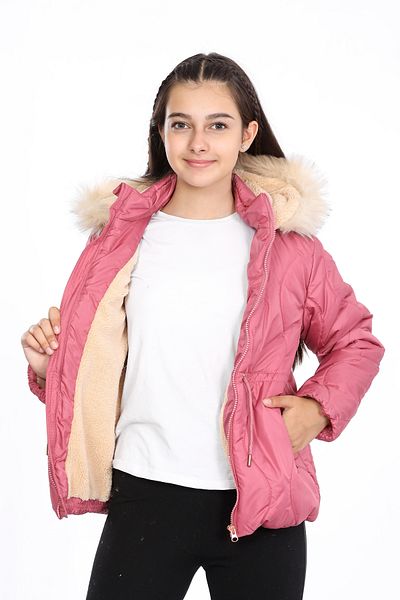 VODENS Girl's Thick Fur Water Repellent Rose Coat with Fleece Underwear