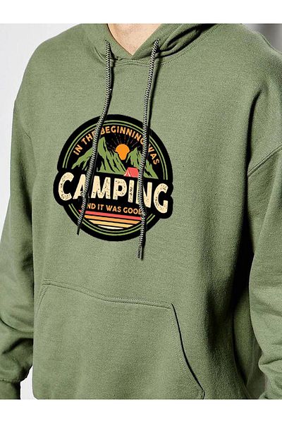 Buğraterzimoda Ανδρικό φούτερ με κουκούλα Khaki Camping με στάμπα