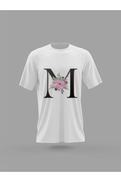 Adrift MAVİ M Harfi Baş Harf Pembe Çiçekli Baskılı T-shirt PNRMTSHRT4476