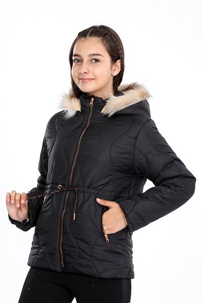 VODENS Girl's Water Repellent Black Coat with Thick Fur and Fleece Underwear