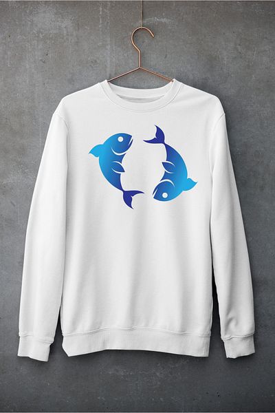 Raf Coll Unisex Oversize Crew Neck Fish Zodiac Design Ψηφιακή εμπριμέ φούτερ με δύο νήματα εσωτερικά ανυψωμένα