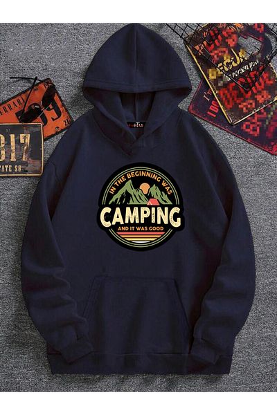 Buğraterzimoda Ανδρικό φούτερ με κουκούλα Navy Blue Camping με στάμπα