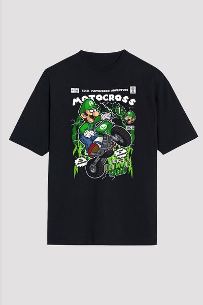 Adrift Tricou oversize negru unisex cu imprimeu Ko Buta Luigi Motocross Os17889