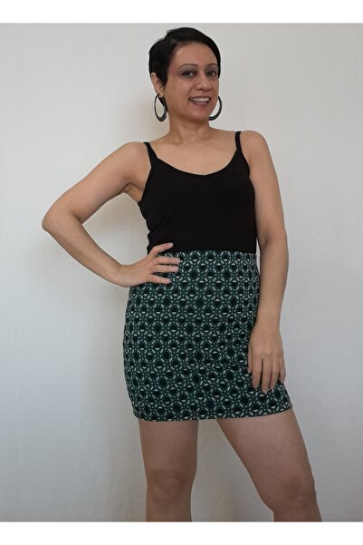 Mertcan Butik Beli Lastikli Yeşil Desenli Örme Mini Kalem Etek