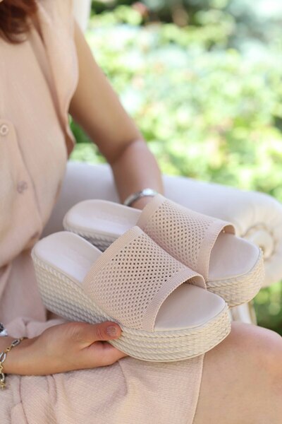 kajal ayakkabı Knitwear Wedge Sole Slippers-CREAM