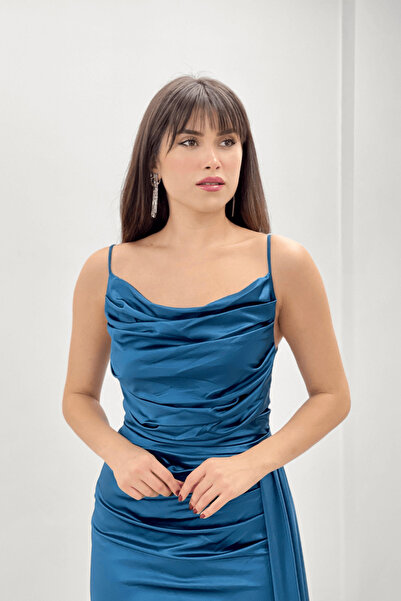 giyimmasalı Saten Kumaş Degaje Yaka Abiye Balık Elbise - TURKUAZ