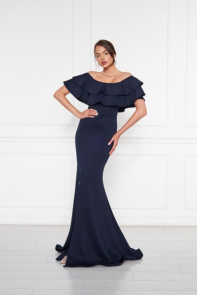 vuvutasarım Țesătură flexibilă scuba cu volan, fără bretele, guler, lungime maxi, croiala pește, rochie de seară bleumarin 164