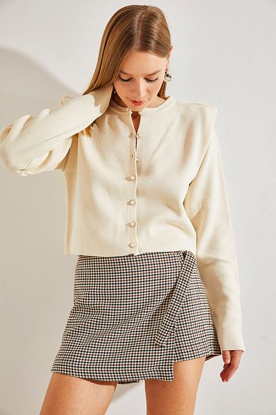 Bianco Lucci Cardigan tricotat cu nasturi cu perle detaliat pe umeri pentru femei