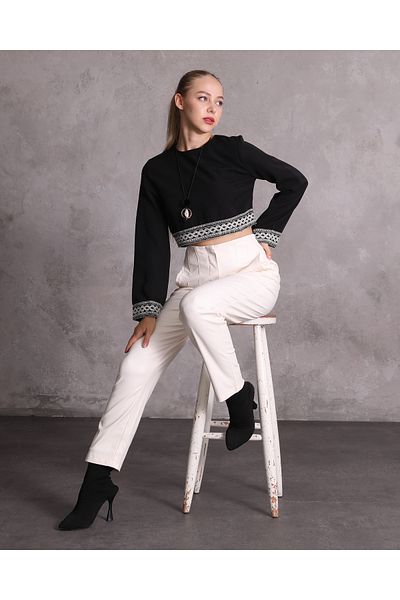 1Moda1Tarz Γυναικείο παντελόνι καρότο από συνθετικό δέρμα με λευκή ραφή με λεπτομέρεια