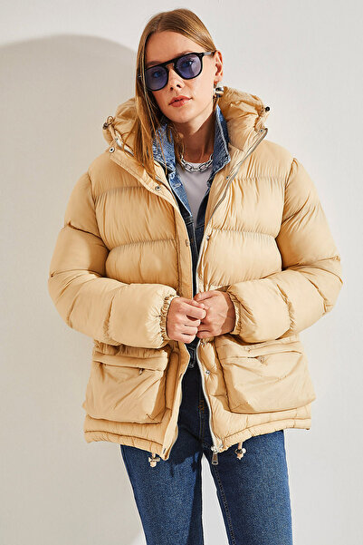 Bianco Lucci Palton puf pentru femei, cu glugă, cu fermoar și cu închidere cu capse