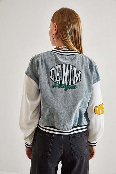 Bianco Lucci Women's Front and Back Printed Ribbed Denim Jacket