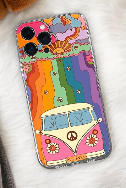 mooodcase iPhone 15 Uyumlu Sevimli Karavan Desenli Premium Silikonlu Şeffaf Telefon Kılıfı