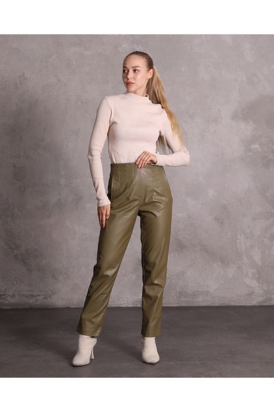 1Moda1Tarz Γυναικείο παντελόνι καρότο από ψεύτικο δέρμα με λεπτομέρεια ραφής με ψηλή μέση