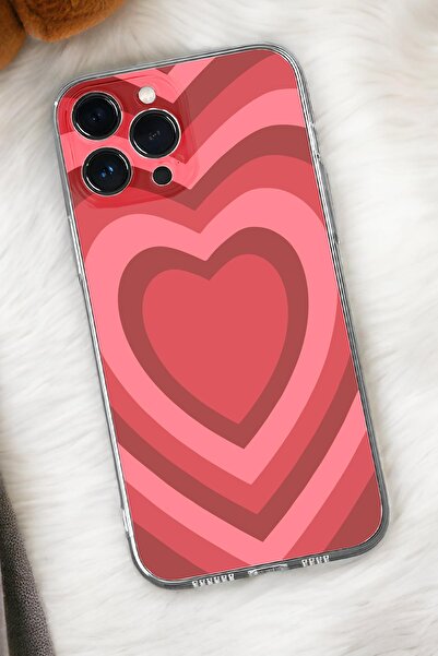 mooodcase iPhone 15 Pro Max Uyumlu Kırmızı Kalpler Desenli Premium Silikonlu Şeffaf Telefon Kılıfı