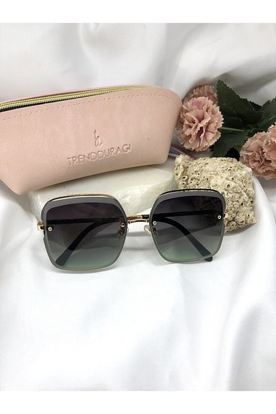 Di Caprio Ella Square Rectangular Gold Detailed Gradient Green Transitional Women's Sunglasses