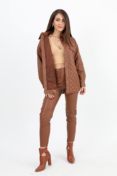 Z MODA Tan Leather Coat - With Pocket Cover and Quilted