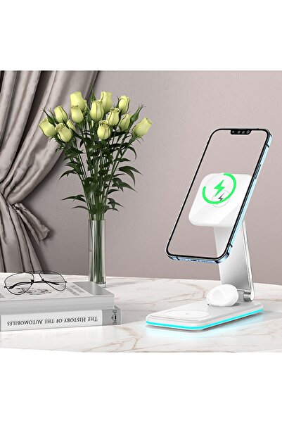 Fogy DS17 3in1 Led Işıklı Masaüstü Kablosuz Şarj Standı - Beyaz