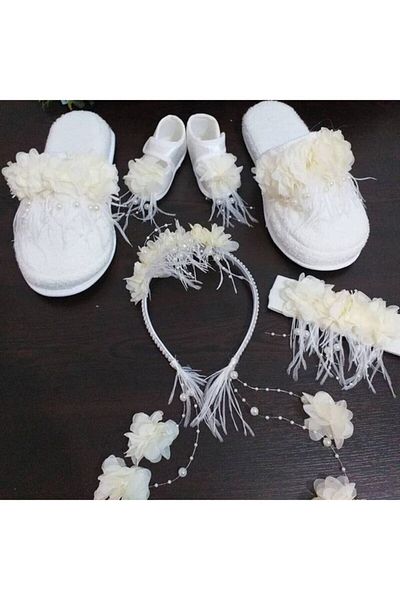 SÜSLÜTASARIM Maternity Slippers and Crown Baby Booties and Bandana Set – Maternity Set – Maternity Set – Maternity Set