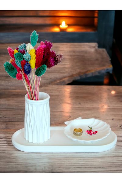 stonnish Set of 3 Patterned Concrete Vase, Oyster Jewelry and Oval Dish with Tray - Decorative Raw White