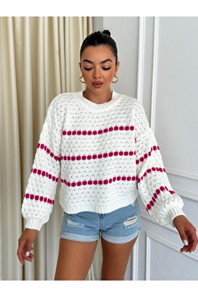 Buki Store KADIN FUŞYA ÇİZGİ DETAYLI AJURLU DELİKLİ ÖRGÜ KAZAK