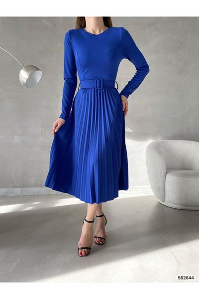 Masspera Skirt Pleated Long Sleeve Belted Midi Length Evening Dress