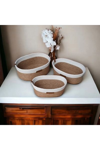 HandmadeSNM Σετ 3 Ψάθινα Καλάθια Organizer Μπάνιου Καλάθι πολλαπλών χρήσεων