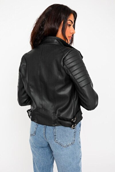 byhaziran butik Dámská černá kožená bunda s límečkem