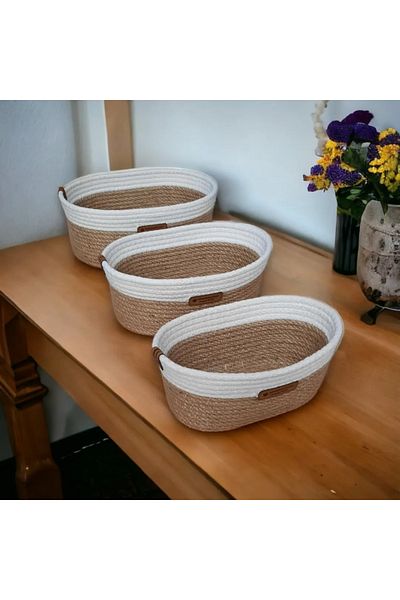 HandmadeSNM Σετ 3 Ψάθινα Καλάθια Organizer Μπάνιου Καλάθι πολλαπλών χρήσεων