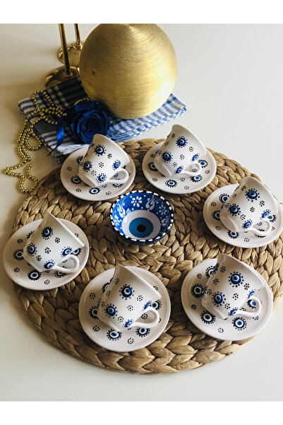 Den Tasarım Hediyelik Evil Eye Bead Coffee Cup Set for 6 People and Turkish Delight Bowl (1 Pc)