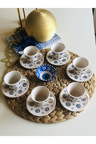 Den Tasarım Hediyelik Evil Eye Bead Coffee Cup Set for 6 People and Turkish Delight Bowl (1 Pc)