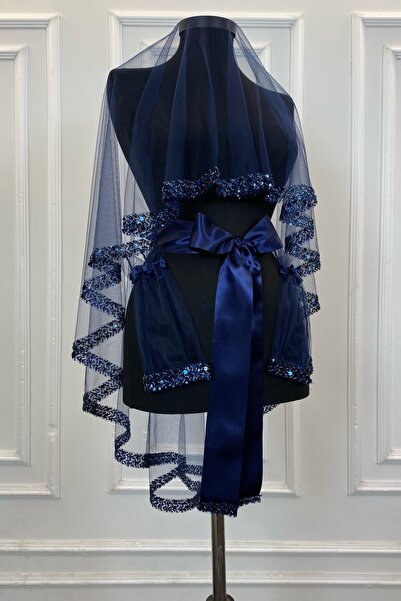 ZEYMERADE Lacivert Zarif Gelin Duvak Seti, Su Taşlı Kına Duvağı Seti 6 Parça