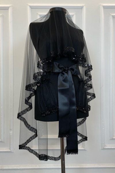 ZEYMERADE Siyah Zarif Gelin Duvak Seti , Su Taşlı Kına Duvağı Seti 6 Parça, P...