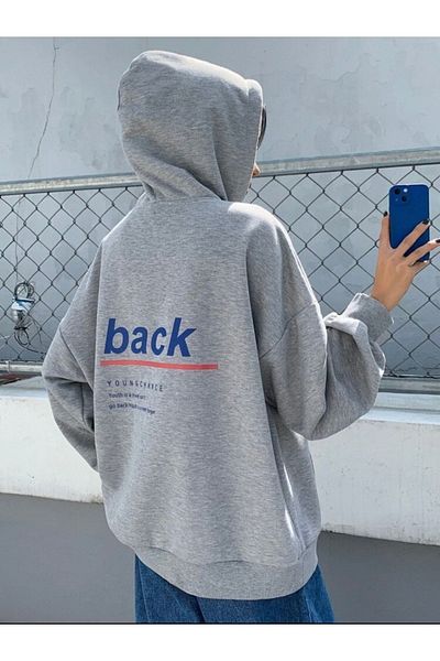 Josette Γκρι Unisex Back Youngchance Φούτερ με στάμπα μεγάλου μεγέθους με κουκούλα