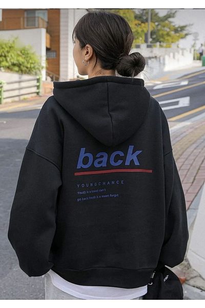 Josette Μαύρο Unisex Back Youngchance Φούτερ με στάμπα μεγάλου μεγέθους με κουκούλα