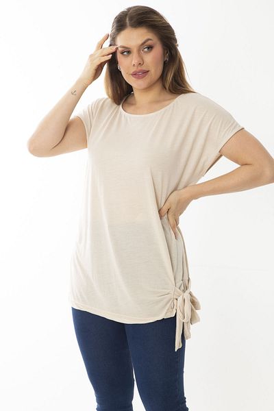 Şans Women's Plus Size Mink Lace-Up Low Sleeve Blouse 65N37031