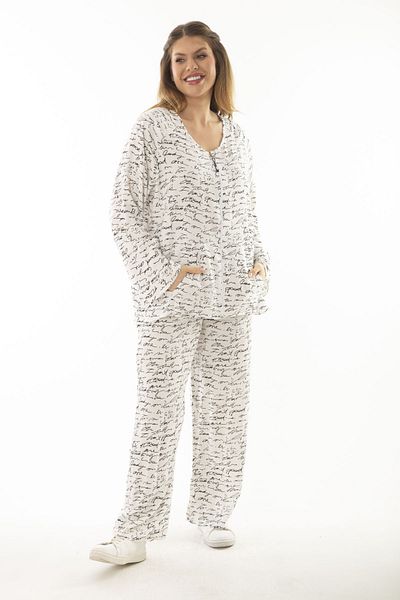 Şans Women's Large Size Bone Woven Viscose Fabric Front Zipper Blouse Trousers Double Suit 65N37005