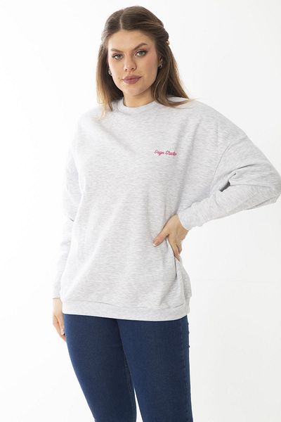 Şans Women's Large Size Gray Swatshirt with Raised Embroidery Detail 65N37008