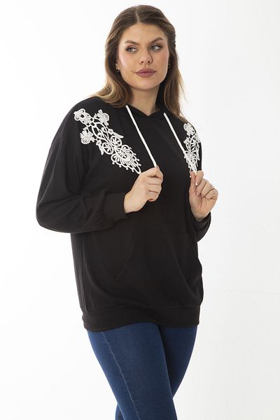 Şans Women's Large Size Black Applique Lace and Hood Detailed Kangaroo Pocket Sweatshirt 65N37015