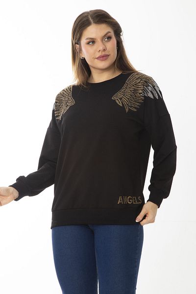 Şans Women's Large Size Black Stone Detailed Sweatshirt 65N37014