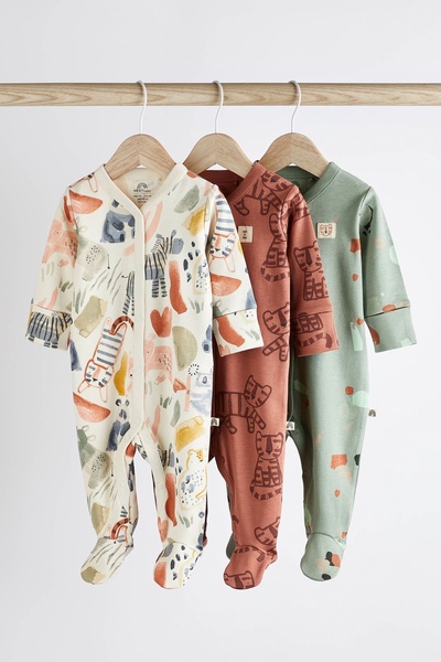 Next Baby % 100 Pamuklu Krem Hayvan Desenli 3’lü Tulum Set