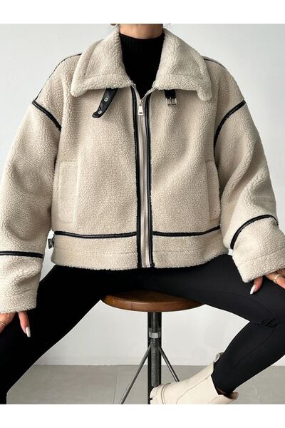 BUTİKROMANO Γυναικείο δερμάτινο βελούδινο μπεζ παλτό