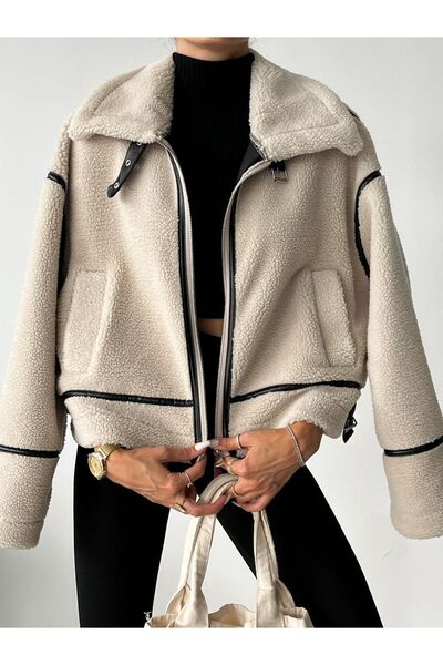 BUTİKROMANO Γυναικείο δερμάτινο βελούδινο μπεζ παλτό